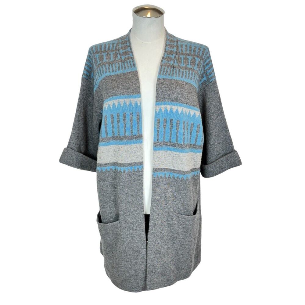 SUNDANCE Sz PM Quiet Isle Open Front Cardigan Sweater. Gray, Blue. Pockets Cozy‎